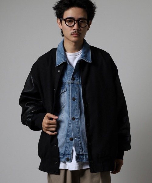 RE730 スタジャン ウールライク メルトン 袖PUレザー ビッグスタジャン