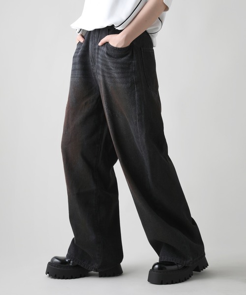 ジーンズ オーバーダイ/マルチ加工グランジバギーワイドデニムパンツ