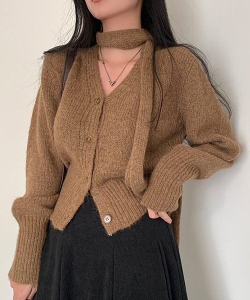 leune（ルネ） カーディガン チョーカーマフラー付きVネッククロップ