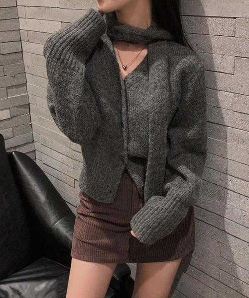 leune（ルネ） カーディガン チョーカーマフラー付きVネッククロップ