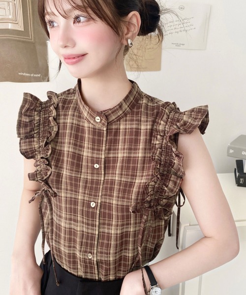 moment+ ブラウス シャツ ドロストリボンフリルチェックブラウス