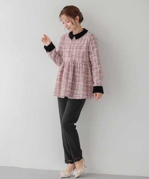Fit more（フィットモア） ツイードベロアカラーペプラムトップス