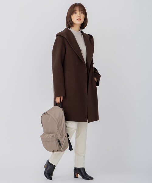 コート アウター ウールリバー フード付き ミドル丈コート レディース