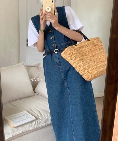 gossip!ロサンゼルス ワンピース Vネックノースリーブデニムワンピース