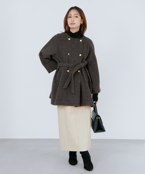 コート アウター 2wayカラーゴールドボタンミドルコート 「低身長