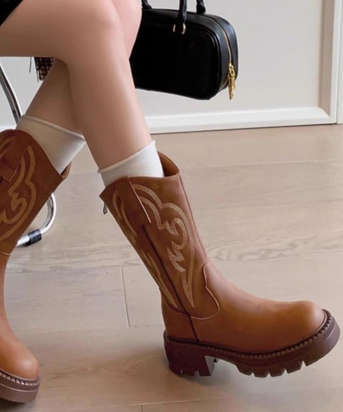 ブーツ 刺繍デザイン 入りウエスタンブーツ レディース : ZOZOTOWN