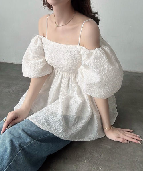 Meiru ブラウス シャツ 2wayオフショルジャガードペプラムトップス