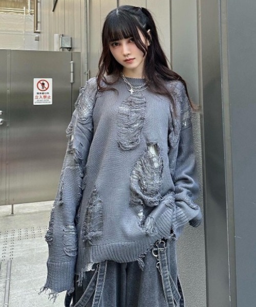 KsG ニット セーター ダメージクラッシュルーズグレーニット