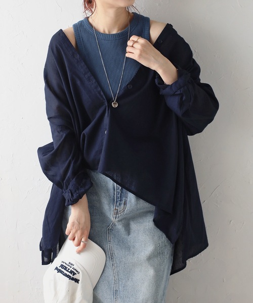 ＆HALF ブラウス シャツ ノーカラーギャザーフレアブラウス（インド綿