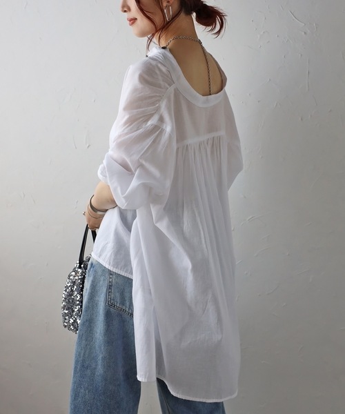 ＆HALF ブラウス シャツ ノーカラーギャザーフレアブラウス（インド綿