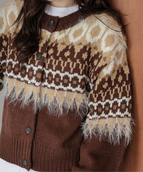 カーディガン ノルディック柄ニットカーディガン レディース