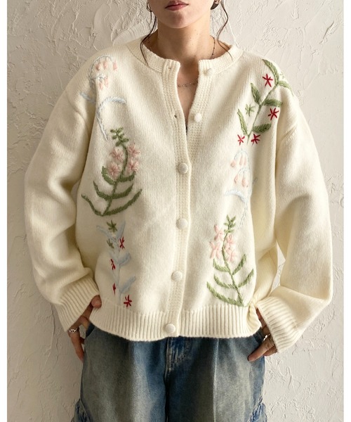 She's Closet カーディガン 花柄フラワー刺繍長袖ニットカーディガン