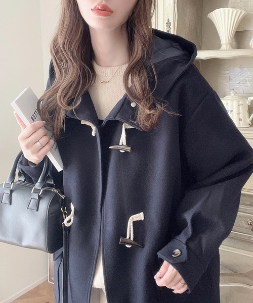 moment+ ダッフルコート コート ライトニットメルトンフードありロング