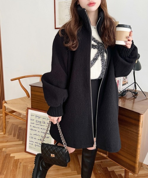 moment+ コート アウター フェイクウールモッサリブスタンドカラー