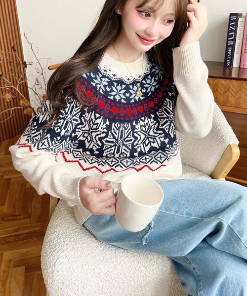 moment+ ニット セーター スノーノルディック柄求心Wジャガードニット