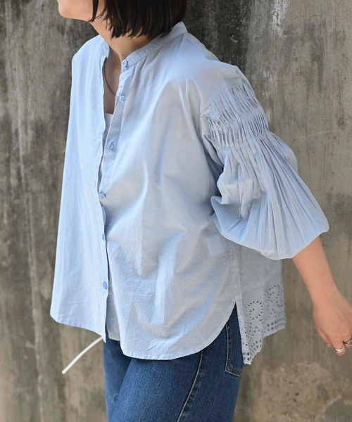 ＆HALF ブラウス シャツ 袖ギャザーバック刺繍ブラウス（インド綿