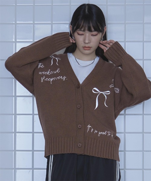 miette（ミエット） カーディガン リボン刺繍Vネックカーディガン