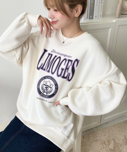 moment+ トレーナー スウェット 裏起毛プリントカレッジロゴスウェット