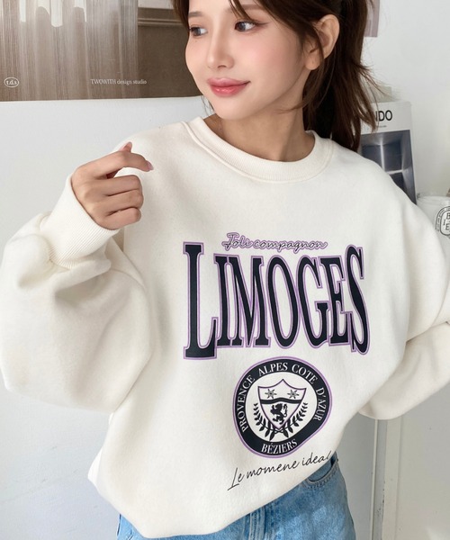 moment+ トレーナー スウェット 裏起毛プリントカレッジロゴスウェット