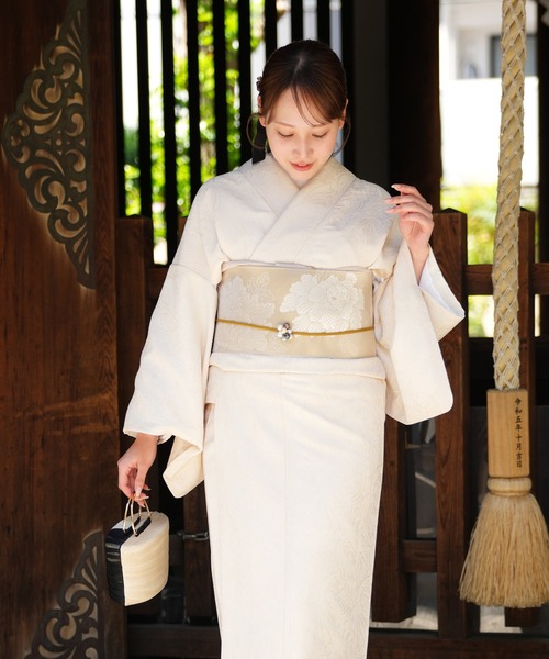 utatane 帯単品 小袋帯 博多織 長尺 正絹 牡丹 ベージュ×ホワイト 日本