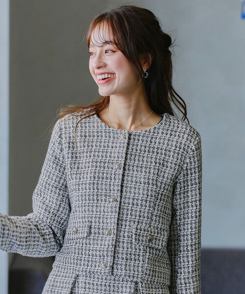 Tiaclasse ジャケット ノーカラージャケット ツイードノーカラージャレ