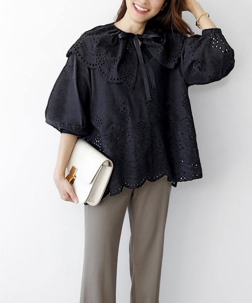 ELFRANK ブラウス シャツ スカラップフリルつけ襟付きボリューム