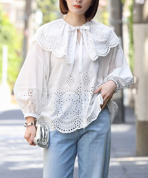 ELFRANK ブラウス シャツ スカラップフリルつけ襟付きボリューム