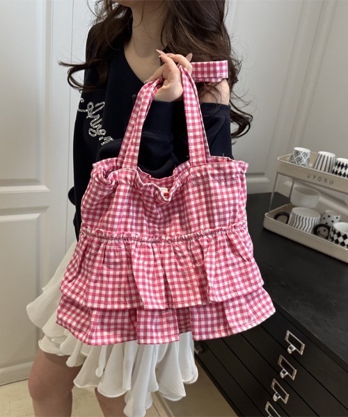 Mejoul トートバッグ 「2way」ギンガムチェックティアードフリル巾着