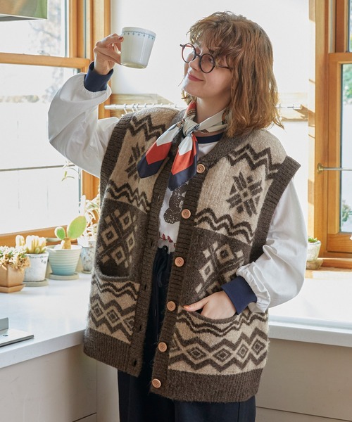 ベスト ジレ ショールカラーカウチンニットベスト レディース メンズ