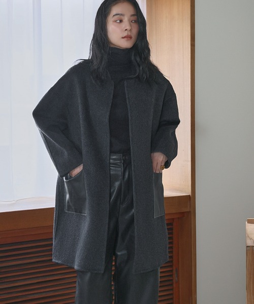 ELFRANK コート アウター 「ウール70％」レザーポケット ドロップ