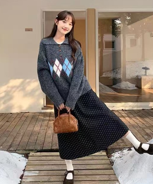 Achic（アシック） ニット セーター アーガイル柄 ニットカーディガン