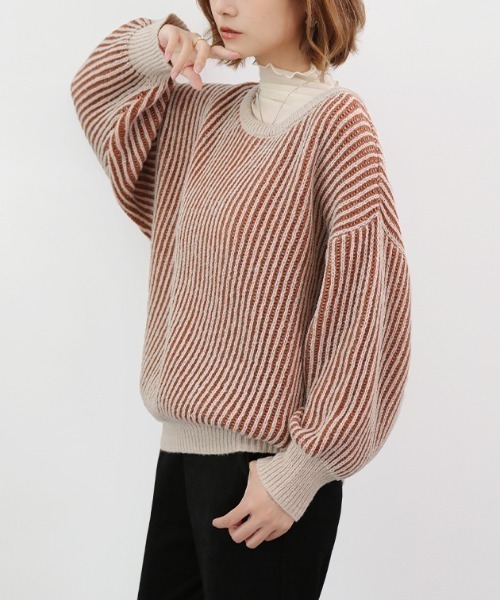 ニット セーター ストライプラウンドネックニット レディース