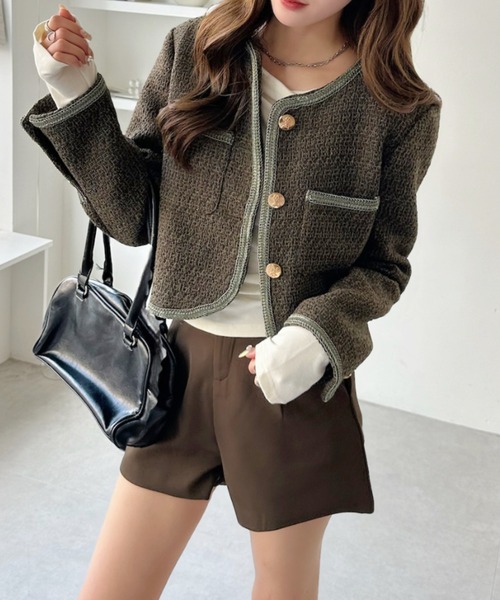 Ada. ジャケット ノーカラージャケット パイピング ツイード ライク 金