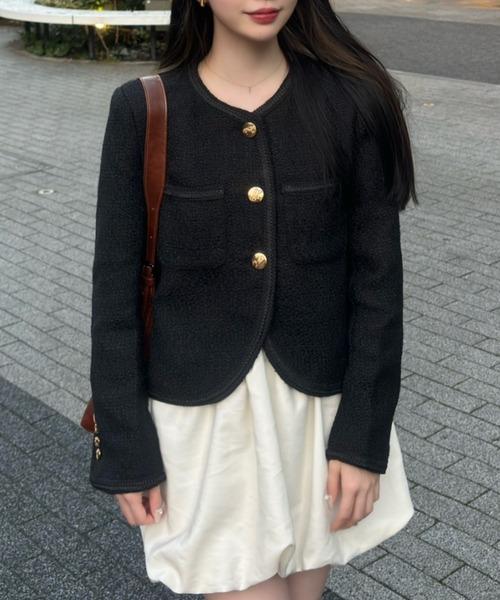 Ada. ジャケット ノーカラージャケット パイピング ツイード ライク 金