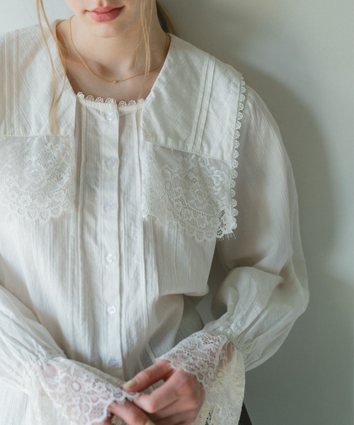 ブラウス シャツ vintage square lace collar blouse / 襟デザイン