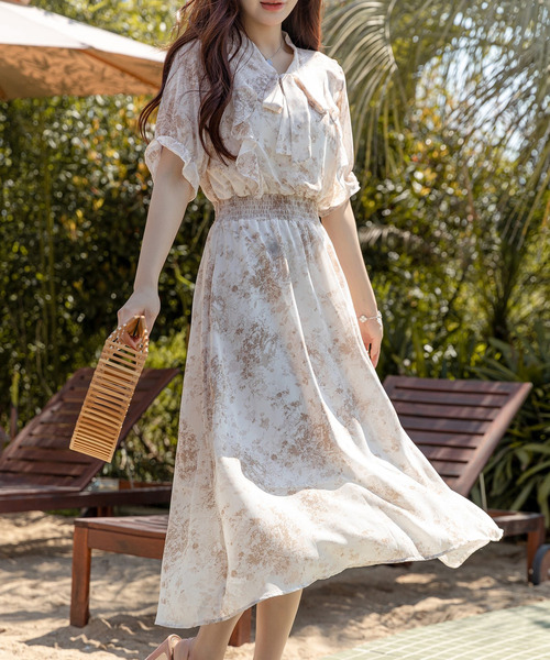 DAY CLOSET ワンピース レディース 小花柄ボウタイシフォンAライン