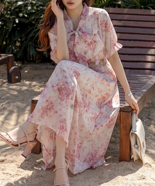 DAY CLOSET ワンピース レディース 小花柄ボウタイシフォンAライン