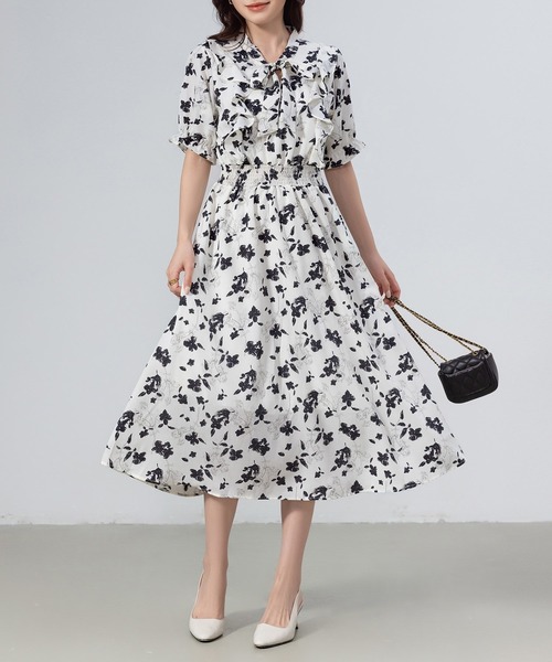 DAY CLOSET ワンピース レディース 小花柄ボウタイシフォンAライン