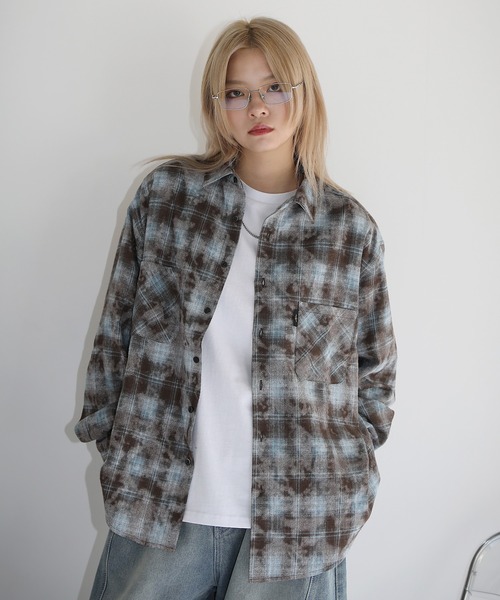 シャツ ヴィンテージ加工 オンブレチェック長袖ラウンドカットショート