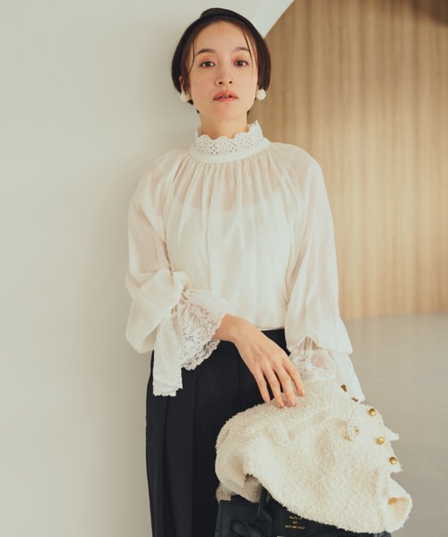 pual ce cin ブラウス シャツ 襟袖レースプチハイネックブラウス
