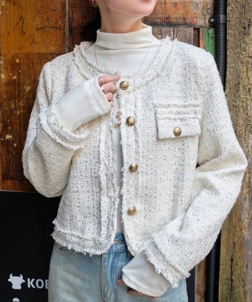 ジャケット ノーカラージャケット ゴールド調ボタン ラメツイード