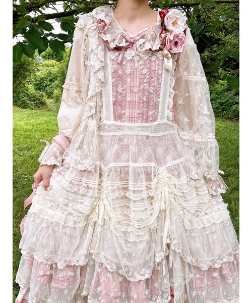 PINK HOUSE（ピンクハウス） ワンピース ローズレース使いミックス