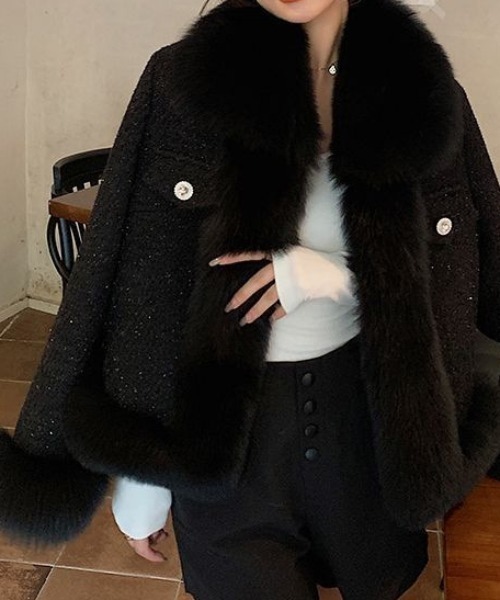 deux amour コート アウター ファー付きツイードコート レディース