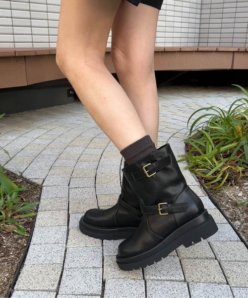 ブーツ ダブルベルトエンジニアショートブーツ レディース : ZOZOTOWN