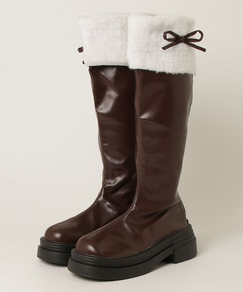 gossip!ロサンゼルス ブーツ Y2K リボン エコファー配色ロングブーツ