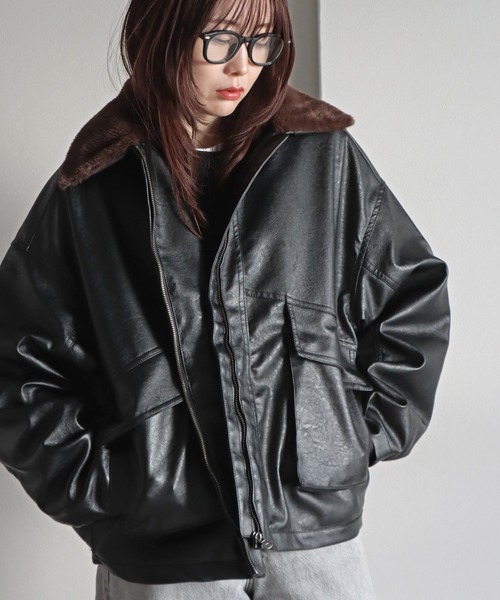ブルゾン アウター 襟ファー脱着中綿フェイクレザーブルゾン