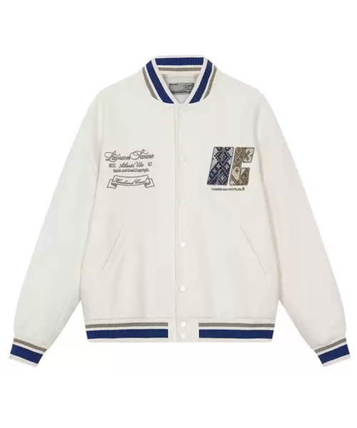 HUSTLER REASONコラボ 刺繍 スタジャン ネイビー/ホワイト L HUSTLER