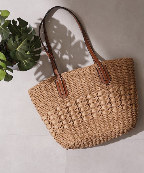 トートバッグ PU使い 編み込み かごバッグ / PU woven basket bag