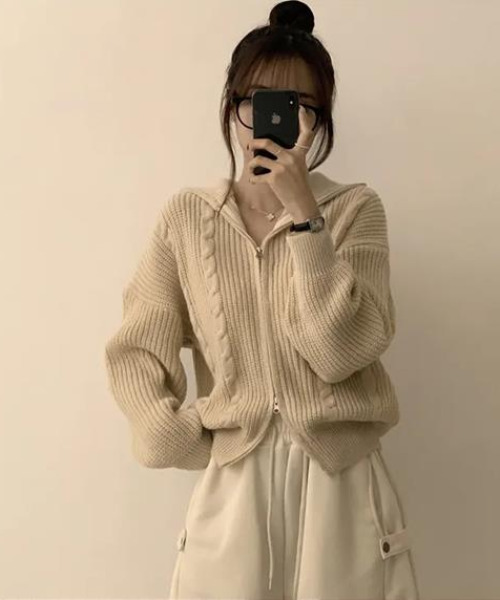 ニット セーター ダブルジップ ケーブル編みニットカーディガン