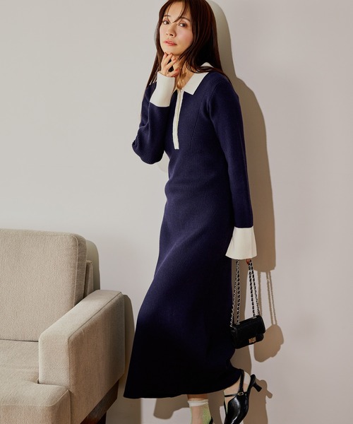 mysty woman（ミスティウーマン） ワンピース バイカラーニットポロ